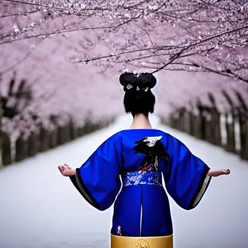 Prompt: a geisha with indigo colored geisha outfit holding out a raven with its wings spread ready to fly. snow falling in the night. japanese cherry blossoms by a babble ultrarealistic 8 k