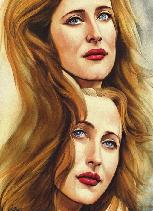 Image similar to a beautiful painting of young gillian anderson by carlos botong francisco, detailed, trending on artstation, hd, masterpiece