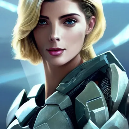 Image similar to A combination of Ashley Greene's and Adriana Dxim's and Grace Kelly's appearances with blonde hair wearing Forerunner armor from Halo, high tech, action shot, angular, full body portrait, futuristic, dramatic, fantasy, intricate, elegant, highly detailed, artstation, matte, sharp focus, 8K, art by Artgerm and Greg Rutkowski and Alphonse Mucha