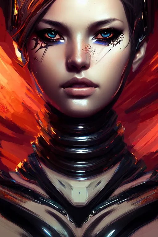 Prompt: beautiful female android in distress!, black shiny eyes, half portrait, background explosion, intricate detailed environment, floro details, intricate, elegant, highly detailed, digital painting, artstation, concept art, smooth, sharp focus, illustration, art by artgerm and brian sum, greg rutkowski