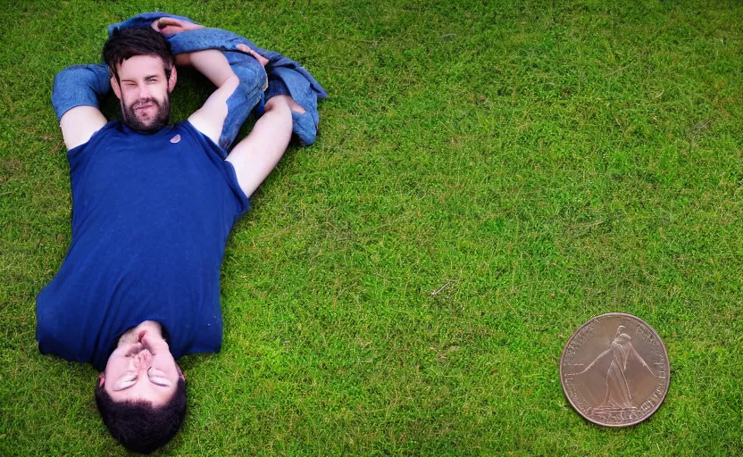 Prompt: man laying on grass with a giant penny