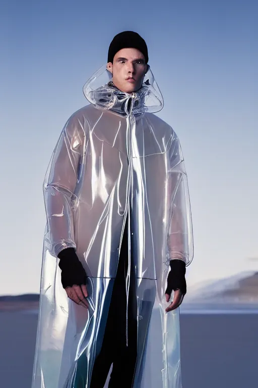 Image similar to an ultra high definition professional high fashion portrait studio full length photograph of a male model wearing a transparent pearlescent raincoat and neon visor in an icelandic black rock environment at dawn. no artefacts. extremely detailed. stark. refraction. shallow depth of field. volumetric light and shadow. ray tracing. light rays.