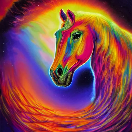Image similar to psychedelic portrait painting of a horse emerging from a black hole in space