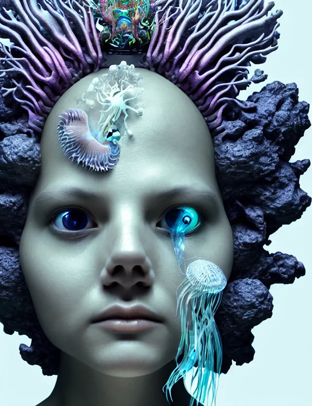 Image similar to 3 d goddess macro close - up portrait wigh crown made of ram skull. betta fish, jellyfish phoenix, bioluminiscent, plasma, ice, water, wind, creature, super intricate ornaments artwork by tooth wu and wlop and beeple and greg rutkowski