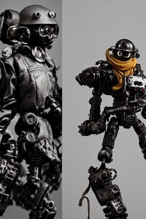 Image similar to a closeup shot of a beautiful art toy figurine by ashley wood and world of aaa, rusty robot soldier with a black bomber jacket, threea toys, dark background, dramatic studio light