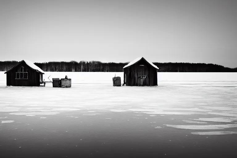 Prompt: landscape photography. ice fishing shack on a frozen lake, wes anderson film screenshot