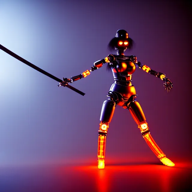 Prompt: robot woman hot fire dance holding katana, detailed pose, shibuya prefecture, cinematic lighting, fog mist smoke, photorealistic, night photography by tomino - sama