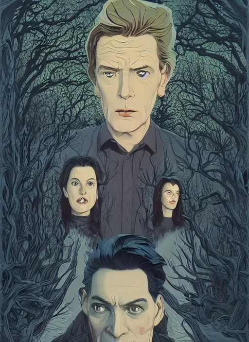 Prompt: Twin Peaks poster artwork by Michael Whelan and Tomer Hanuka, Karol Bak, Rendering of from Anger, fear, isolation, melancholy, love; the jagged trees, throbbing violins, viciously emotional performances, and sense of visceral evil portray it all the same, scene from Twin Peaks, clean, full of details, by Makoto Shinkai and thomas kinkade, Matte painting, trending on artstation and unreal engine