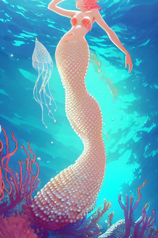 Prompt: a beautiful mermaid queen of the ocean in the middle of coral reefs, pearl and crystal jewelry, complex and shiny dress inspired by jellyfish, by ross tran and atey ghailan, by greg rutkowski, by greg tocchini, by james gilleard, by joe fenton, by kaethe butcher, dynamic lighting, grunge aesthetic