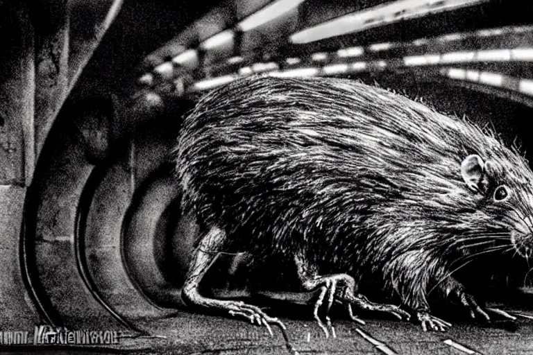 Image similar to very large giant mutant zombie irradiated ( angry rat ) staying on railways in tonnel of moscow subway. tonnel, railways, giant angry rat, furr, fangs, claws, very realistic. extreme long shot, 1 6 mm, herman nitsch, giger.