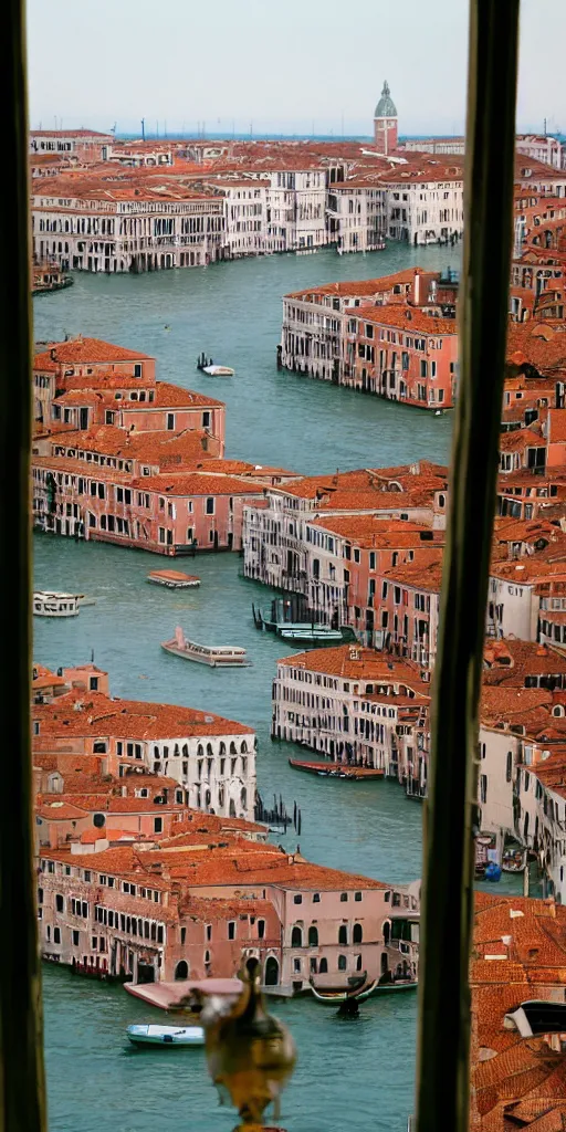 Prompt: window in foreground, venice in background, by wes anderson