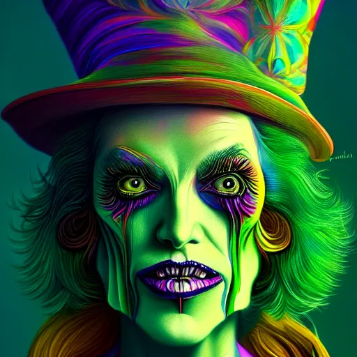 Image similar to An extremely psychedelic portrait of the Wicked Witch, surreal, LSD, face, detailed, intricate, elegant, lithe, highly detailed, digital painting, artstation, concept art, smooth, sharp focus, illustration