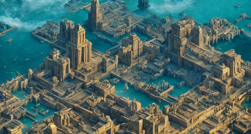 Prompt: ancient city of atlantis with big buildings in gold, asgard, ocean, fantasy, magical, cinematic, establishing shot, eye level, wide angle, epic scale, raytracing, volumetric lighting, extremely detailed, sharp focus, coherent, amr elshamy, filip hodas, brian miller
