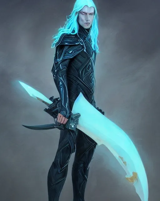 Prompt: character portrait of a slender young half elven man with white hair, piercing turquoise blue eyes, and pale blue skin, wearing sleek black armor, by greg rutkowski, mark brookes, jim burns, tom bagshaw, magali villeneuve, trending on artstation