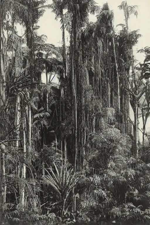 Prompt: long and tall organic buildings, jungle, black and white photography, year 1 9 0 0