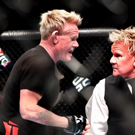 Prompt: Action photo of Gordon Ramsay submitting Putin in the UFC