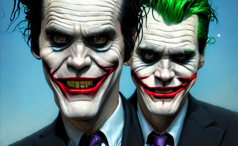 Image similar to highly detailed portrait of jim carrey as the joker wearing a suit, in batman comic book, stephen bliss, unreal engine, fantasy art by greg rutkowski, loish, rhads, ferdinand knab, makoto shinkai and lois van baarle, ilya kuvshinov, rossdraws, tom bagshaw, global illumination, radiant light, detailed and intricate environment