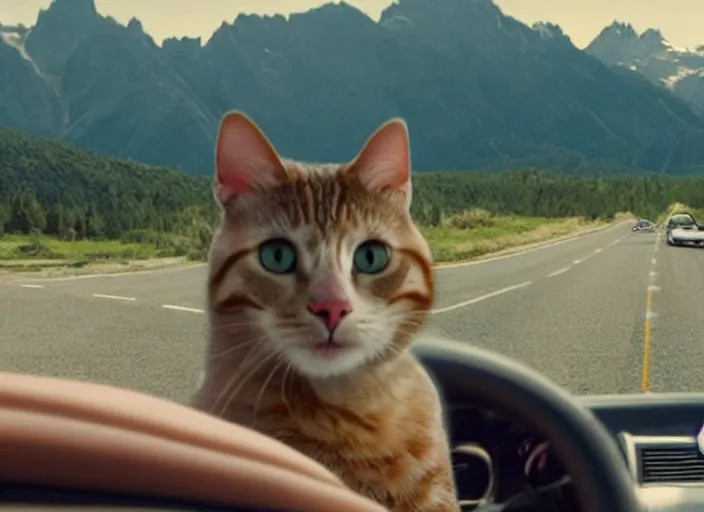 Image similar to A very high resolution image from a new movie, a cat driving a car around, inside of a car , mountains, Polaroid, directed by wes anderson