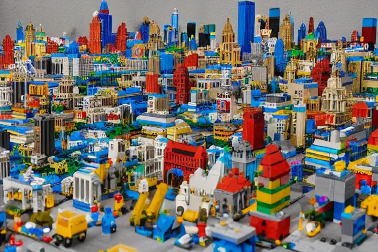 Prompt: a monolithic city made of lego bricks