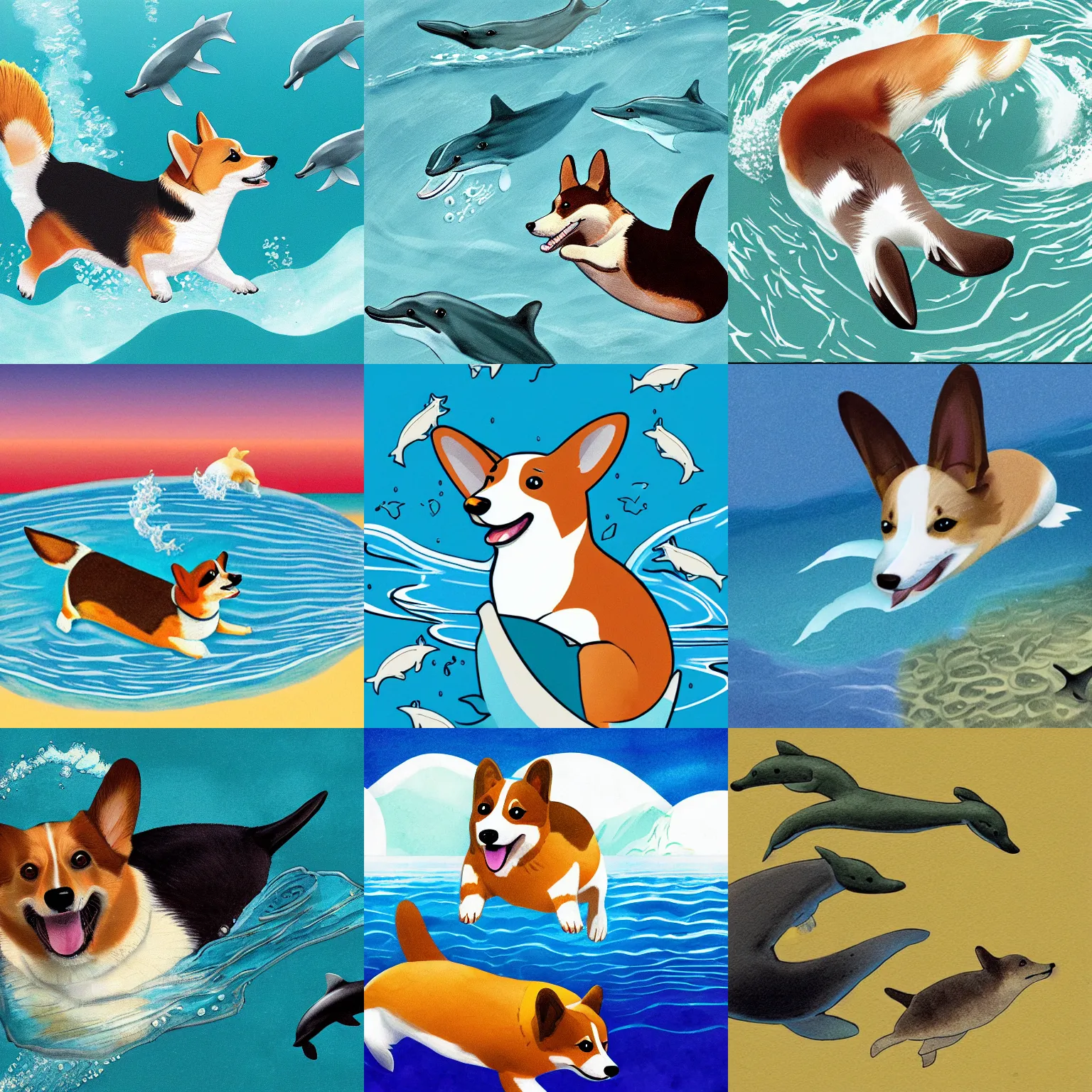 Prompt: illustration of a corgi diving in deep ocean, dolphins around it