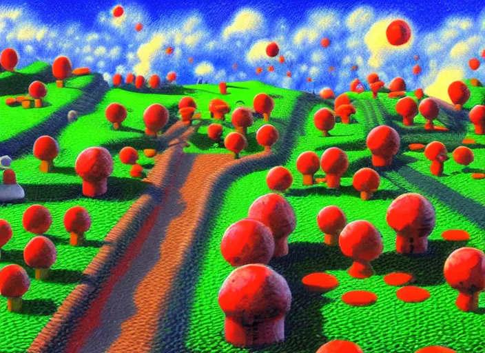 Prompt: pointillism painting of bomb - omb battlefield ( super mario 6 4 ), highly detailed