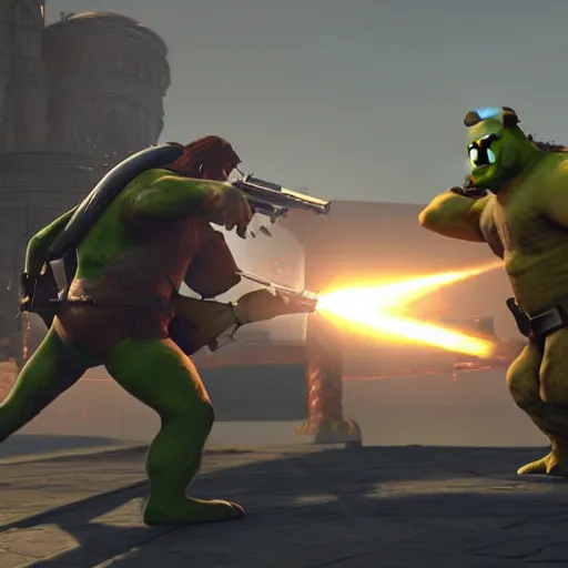 Image similar to ultra wide gameplay screenshot, shrek fighting with steven armstrong ( metal gear ) on a helipad, epic, world record, digital illustration radiating a glowing aura global illumination ray tracing hdr fanart arstation