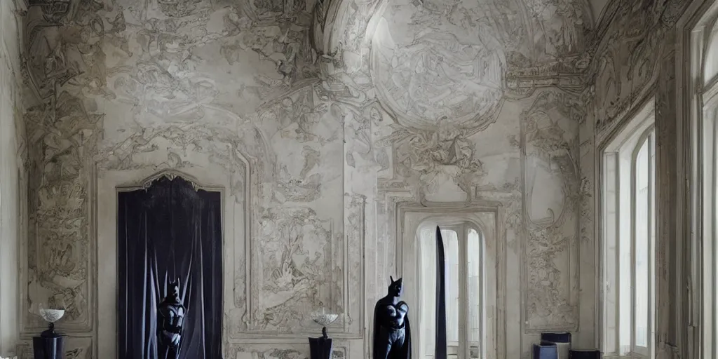 Image similar to Batman standing in giant Italian modern castle living room, clean minimalist design, that is 1300 feet tall, with very tall giant walls filled with modern art paintings, doors that are cosmic portals, photo by Annie Leibovitz