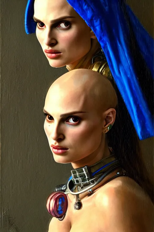 Image similar to character portrait cyberpunk warhammer 4 0 k, natalie portman as the girl with the pearl earring character design, painting by gaston bussiere, katsuya terada, frank frazetta, tom of finland, trending on artstation