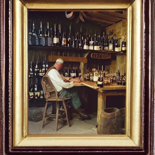 Image similar to hot blonde working in a wine cellar, food, pork, beer, schnapps, rustic, traditional, torches on the wall, delicate embellishments, painterly, offset printing technique, photographed on kodachrome by brom, robert henri, walter popp