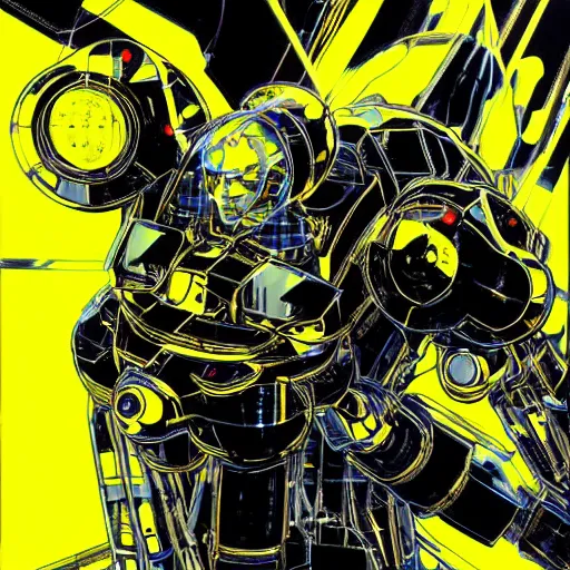 Image similar to portrait of the full-metal kerberos robot Sirius in electrical wired neon yellow-noir outfit, illustration by Yoji Shinkawa, Artgerm, Esao Andrews and Yoshitaka Amano