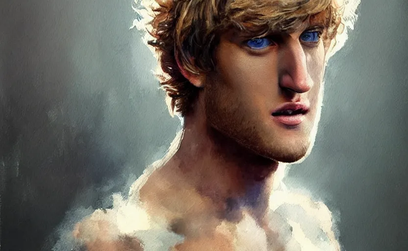 Image similar to a painting of a logan paul trending on artstation in the style of greg rutkowski, 3 d, watercolor, beautiful, young, portrait