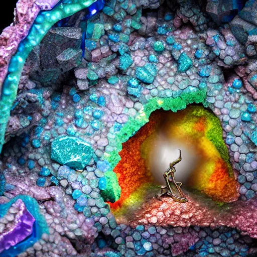 Image similar to photorealistic dinosaur skeleton inside a geode of colored crystals