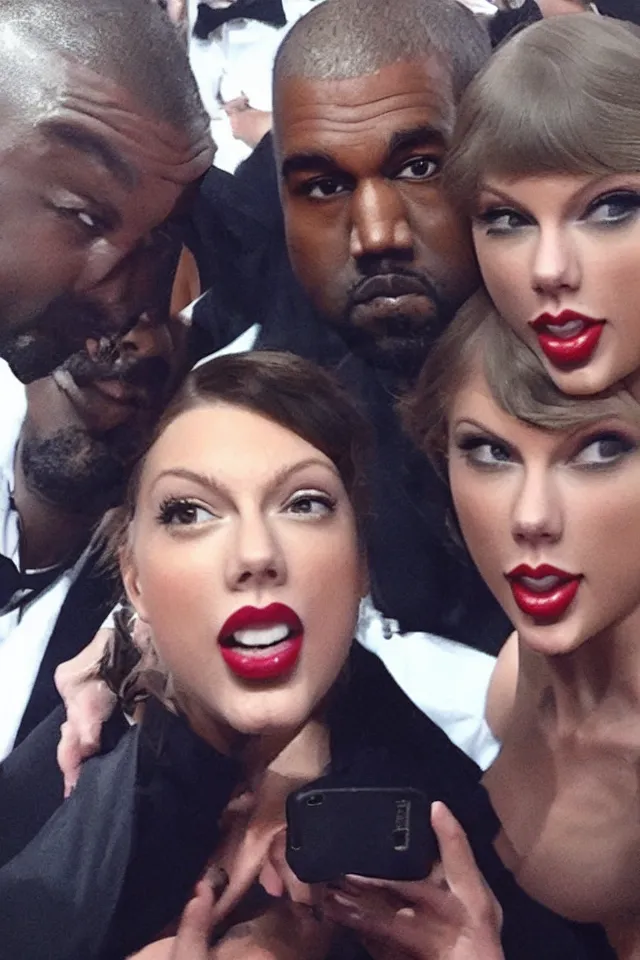 Image similar to Kanye West selfie with Taylor Swift, trending on twitter, trending on Instagram, viral photo