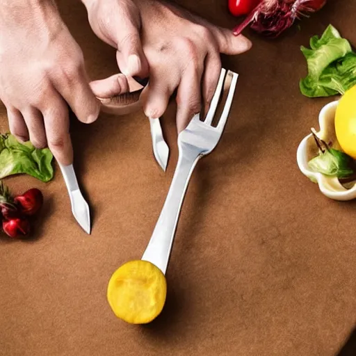 Prompt: anthropromorphic fork man with fork head holding forks, epic fork muscles, hyper realistic high quality professional fork photography