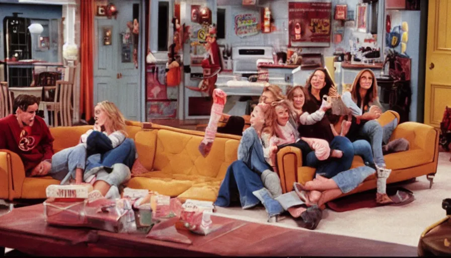 Image similar to 1990s photo of inside the Friends Show ride at Universal Studios in Orlando, Florida, riding a sofa through the Friends apartments , cinematic, UHD