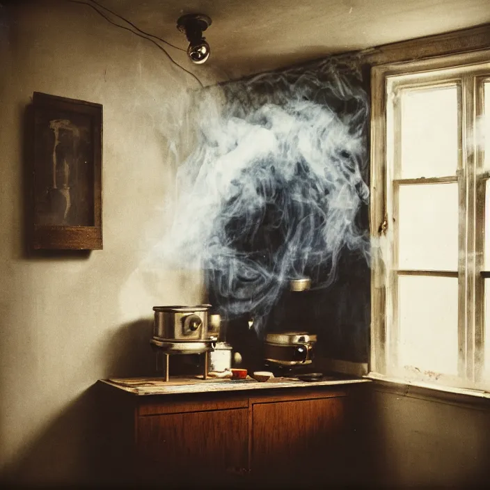 Image similar to kodak portra 4 0 0, wetplate, fisheye, award - winning portrait by britt marling, 1 9 2 0 s kitchen, ghost, picture frames, shining lamps, dust, smoke, 1 9 2 0 s furniture, wallpaper, carpet, books, muted colours, wood, fog,