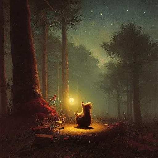 Prompt: an oil painting of a hedgehod sitting in a moonlit forrest with a clear sky and visible stars. By carl spitzweg tuomas korpi and greg rutkowski