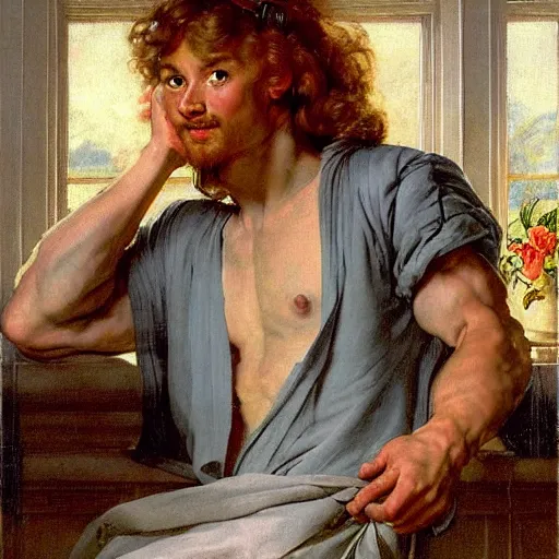 Image similar to beautiful portrait painting of He-Man with long curly blond hair, delicate young man wearing an open poet shirt smiling sleepily at the viewer, symmetrically parted curtain bangs, in love by Peter Paul Rubens and Norman Rockwell