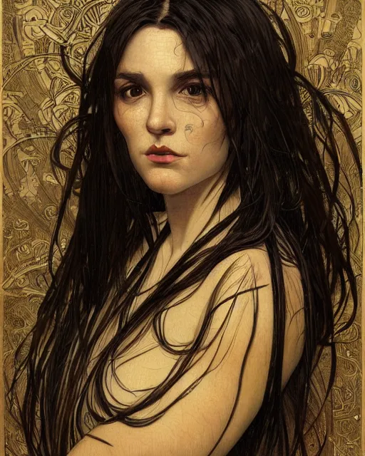 Image similar to portrait of a tall 4 0 - year - old woman with thin lips, long, lush unkempt black hair, and thick eyebrows, wearing in black clothes, hyper realistic face, beautiful eyes, close up, fantasy art, in the style of greg rutkowski, intricate, alphonse mucha, hyper detailed, smooth