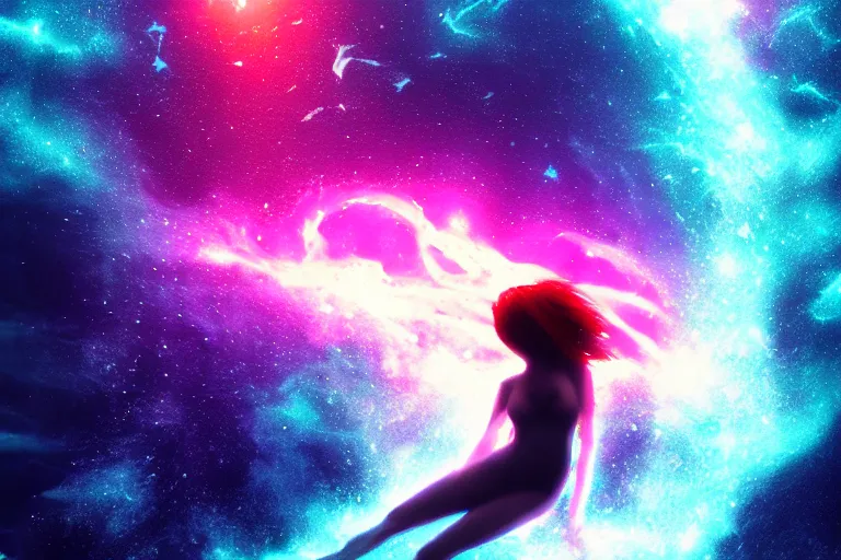 Prompt: silhouette of a girl suspended underwater with long hair, she's exploding into incredible stars and nebula, lens glare, dramatic abstract digital painting, dramatic composition, matte colors, trending on artstation