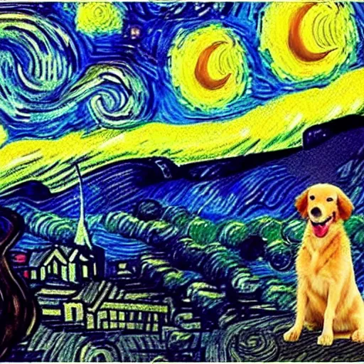 Image similar to golden retriever playing in vincent van gogh's starry night