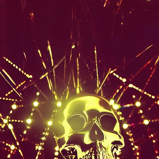 Image similar to a disco skull full of long spikes, reflecting light in a nightclub, grainy film photograph