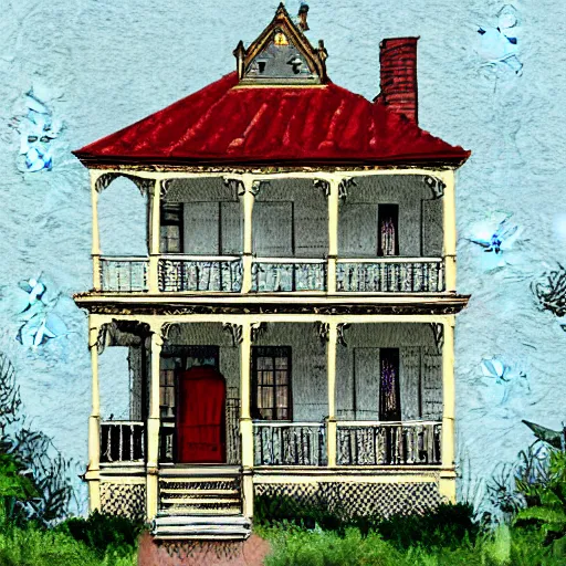 Prompt: illustration of painted lady Victorian house