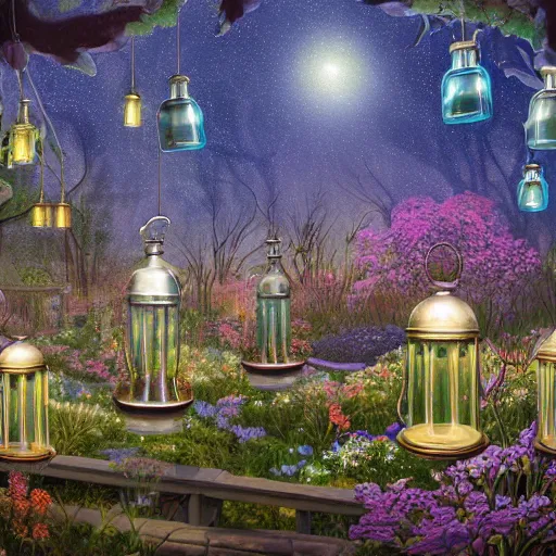 Prompt: a beautiful hyperdetailed digital matte painting of morning witch garden surrounded by small crystal glass antique lanterns, potions bottles, emitting magical lighting and glowing fireflies, art by coles phillips, amir zand, douglas shuler, a famous sculptor, 8 k, unreal engine, trending on artstation