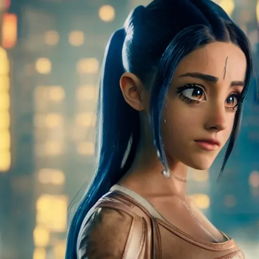 Image similar to cinematic still of ariana grande in alita : battle angel ( 2 0 1 9 ), xf iq 4, f / 1. 4, iso 2 0 0, 1 / 1 6 0 s, 8 k, raw, dramatic lighting, symmetrical balance, in - frame