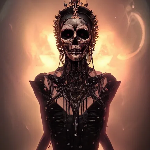 Prompt: queen of death. intricate portrait, occult cyberpunk, ancient futuristic, dark art, trending on artstation, occult. octane render . by