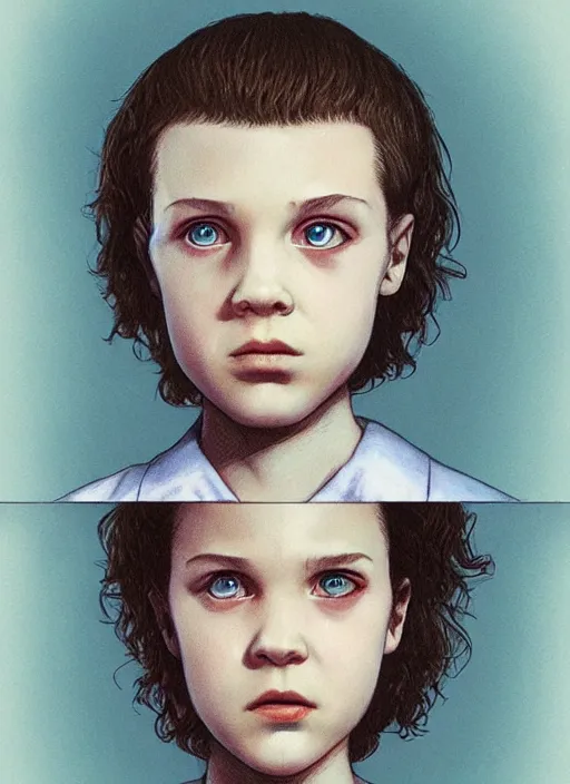 Prompt: eleven from stranger things, by yusuke murata, by dorian cleavenger, by zdzisław beksinski, trending on artstation