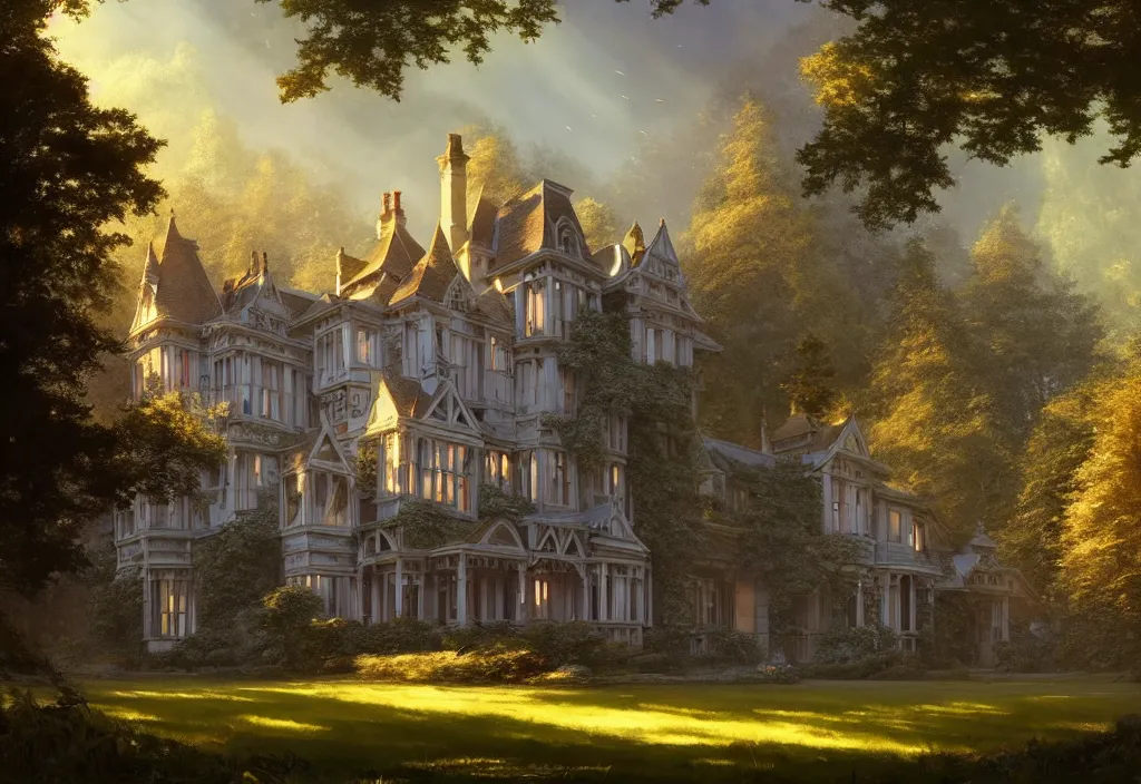 Image similar to a large victorian manor house surrounded by woodland, clear blue sky, cinematic view, concept art, high detail, well lit, volumetric, godrays, vivid, trending on artstation, by jordan grimmer, art greg rutkowski