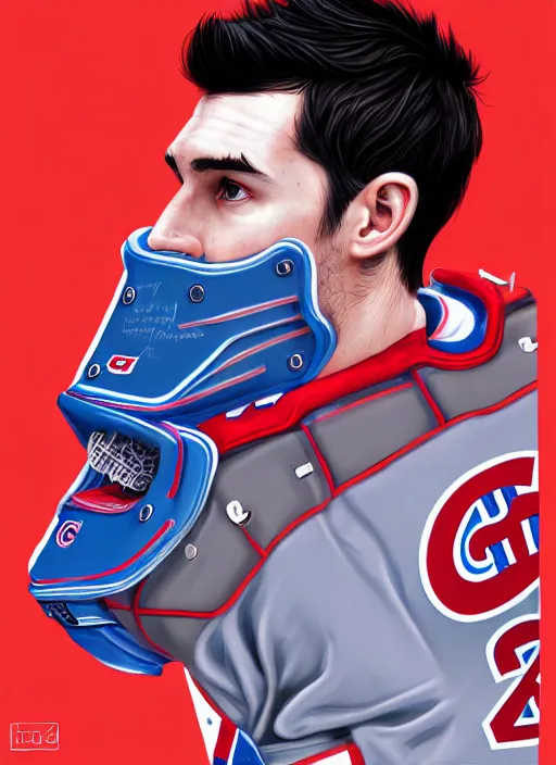 Image similar to habs carey price goalie, fog bionic vogue, james jean, trending on artstation