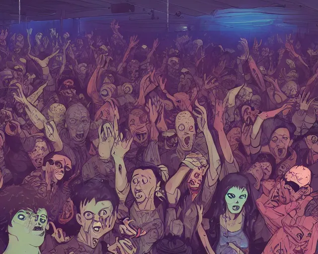 Image similar to a study of cell shaded cartoon of zombies raving in a nightclub, illustration, wide shot, subtle colors, post grunge, concept art by josan gonzales and wlop, by james jean, Victo ngai, David Rubín, Mike Mignola, Laurie Greasley, highly detailed, sharp focus, alien, Trending on Artstation, HQ, deviantart, art by artgem